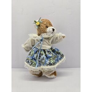 Vintage Collectible Teddy Bear Plush Doll w/ Blue Floral Dress & Lace Outfit ~ 9